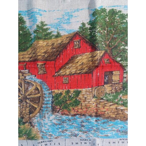 VTG 1972 Linen Hanging Calendar Kitchen Tea Towel Red Barn Old Mill Water Wheel - Picture 4 of 7